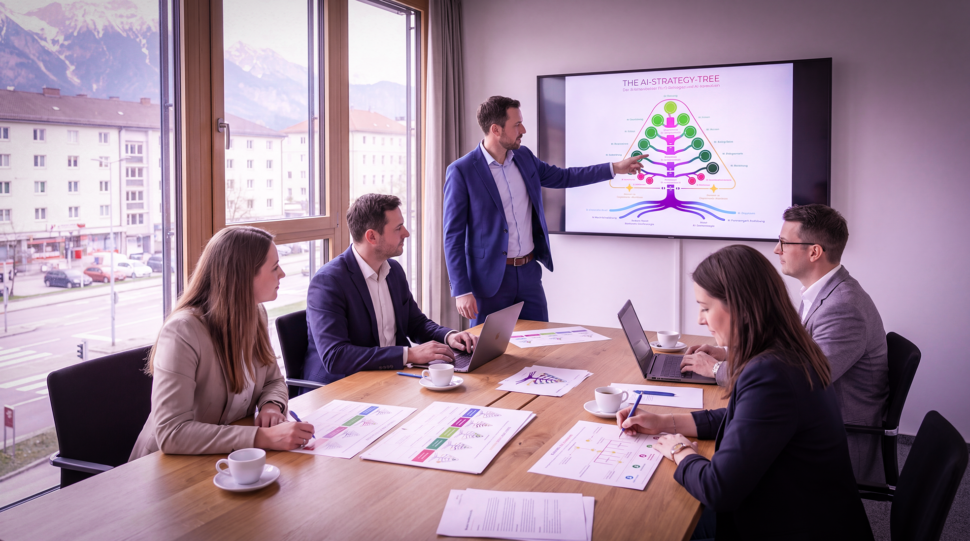KI-Strategie-Workshop im INNOLAB: Ein Referent erklärt den AI-Strategy-TREE vor dem Bildschirm, vier Teilnehmende arbeiten am Tisch.