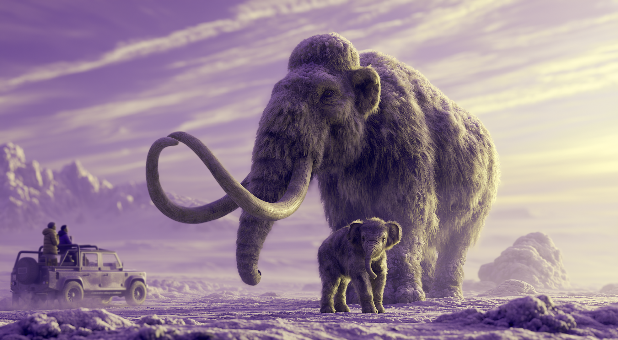 Wollhaarmammut mit Kalb in verschneiter Landschaft